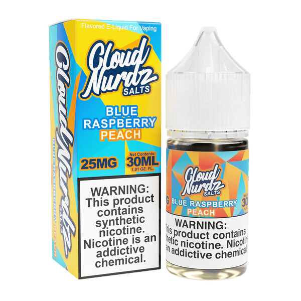 Blue Raspberry Peach Salt e-liquid by Cloud Nurdz in 30mL bottle, featuring a vibrant blue raspberry and peach flavor profile.