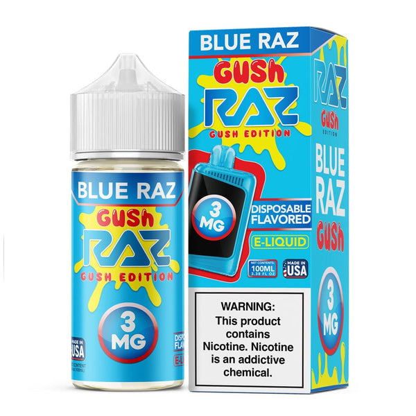 Blue Raz GUSH Pod Juice E-Liquid 100mL bottle featuring vibrant blue raspberry flavor in a sleek e-liquid container.