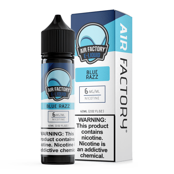 Blue Razz Air Factory E-Liquid 60mL bottle with vibrant blue raspberry flavor and colorful packaging.