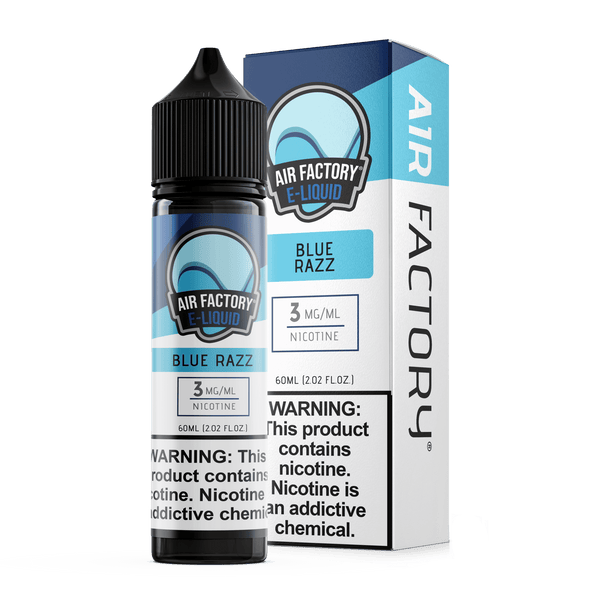 Blue Razz Air Factory E-Liquid 60mL bottle with vibrant blue raspberry flavor and colorful packaging.