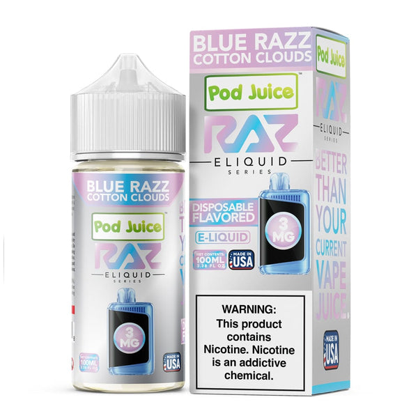 Blue Razz Cotton Clouds e-liquid by Pod Juice with Raz, 100mL bottle, featuring vibrant blue and pink cotton candy flavor.