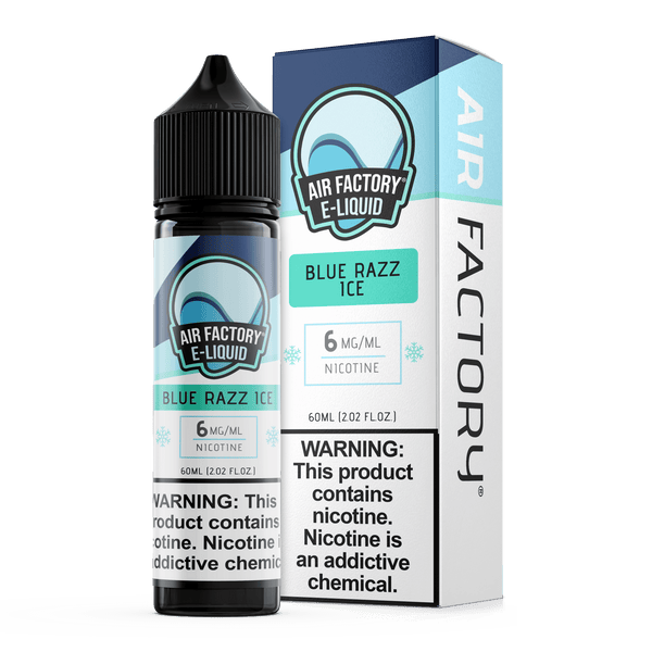 Blue Razz ICE e-liquid by Air Factory in 60mL bottle, featuring a vibrant blue raspberry flavor with cooling menthol.