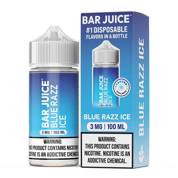 Blue Razz ICE Bar Juice e-liquid in 100mL bottle, featuring a vibrant blue raspberry flavor with icy menthol cooling effect.