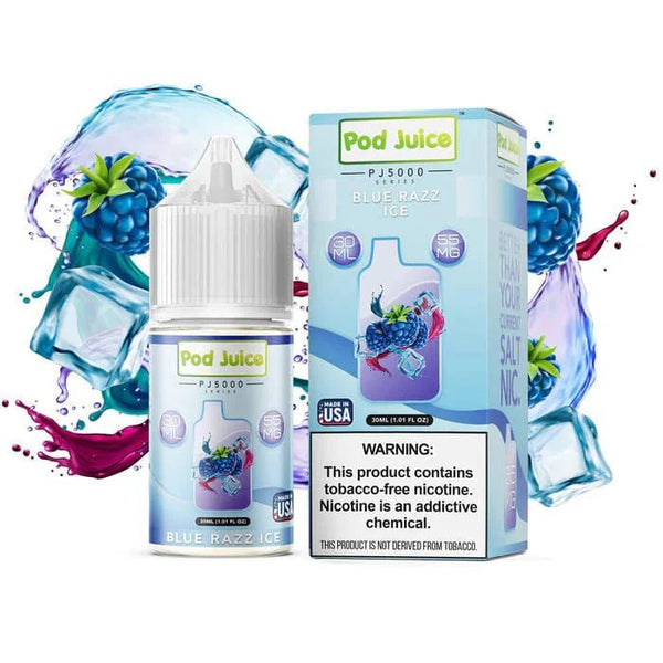 Blue Razz ICE Pod Juice PJ5000 SALT e-liquid bottle with blue raspberry flavor and icy menthol cooling effect.