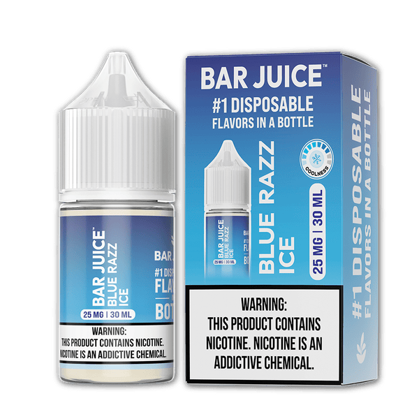 Blue Razz ICE Salt e-liquid by Bar Juice in 30mL bottle, featuring vibrant blue raspberry flavor with cooling menthol finish.