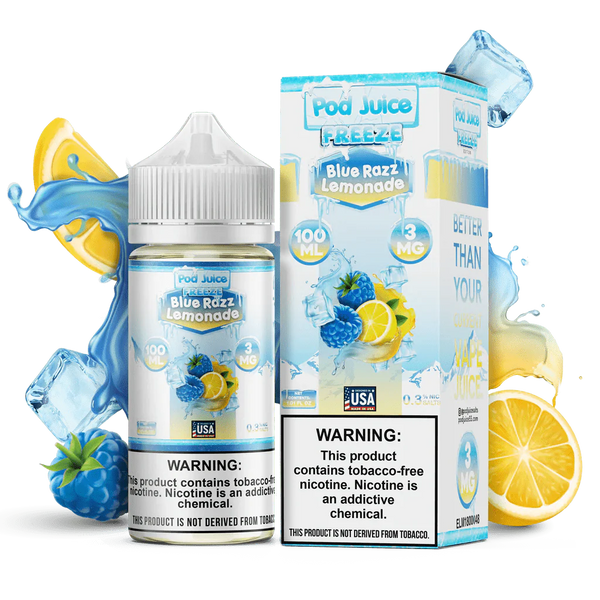 Blue Razz Lemonade FREEZE Pod Juice e-liquid in a 100mL bottle, featuring a vibrant blue raspberry and lemonade flavor.