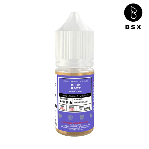 Blue Razz SALT e-liquid by BSX Vapor in a 30mL bottle, featuring a vibrant blue raspberry flavor.
