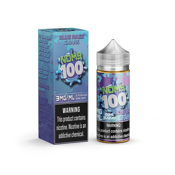 Blue Razz Shark NOMS 100 e-liquid bottle by Nomenon E-Liquids, 100mL bottle with blue raspberry flavor design.