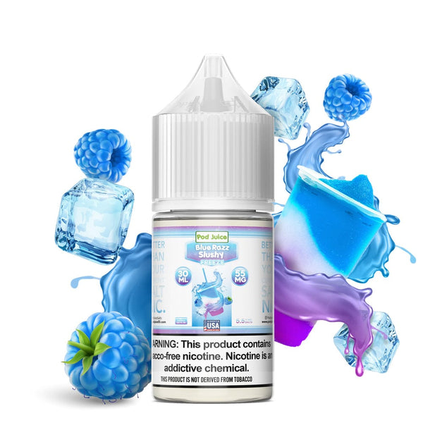 Blue Razz Slushy Freeze Salt e-liquid by Pod Juice in a 30mL bottle, featuring a vibrant blue raspberry slushy flavor.