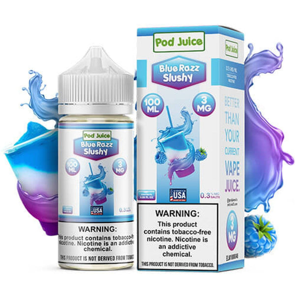 Blue Razz Slushy Pod Juice e-liquid in 100mL bottle with blue and purple branding and a slushy flavor theme.