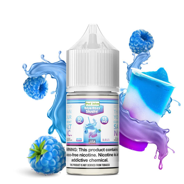 Blue Razz Slushy SALT e-liquid by Pod Juice in a 30mL bottle, featuring vibrant blue raspberry flavor with a slushy icy twist.
