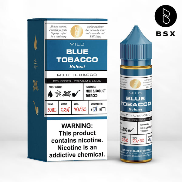 Blue Tobacco BSX Series e-liquid in a 60mL bottle by BSX Vapor with a blue label and tobacco flavor design.