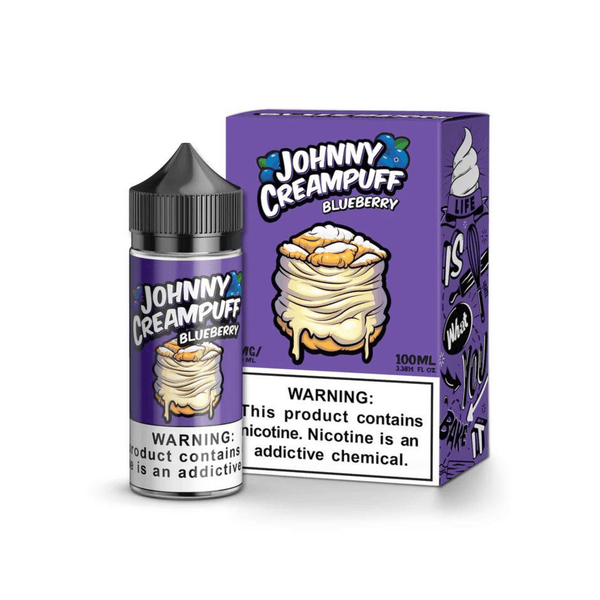 Blueberry Johnny Creampuff e-liquid bottle, 100mL, with a blue and white label featuring blueberry illustrations and branding details.