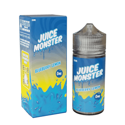 Blueberry Lemon Juice Monster e-liquid bottle, 100mL with vibrant label showcasing blueberries and lemons for vaping.