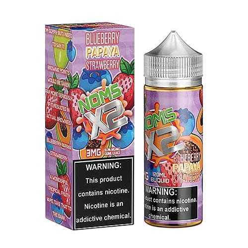 Blueberry, papaya, and strawberry flavored Nomenon E-Liquids 120mL e-liquid bottle with vibrant fruit illustrations.