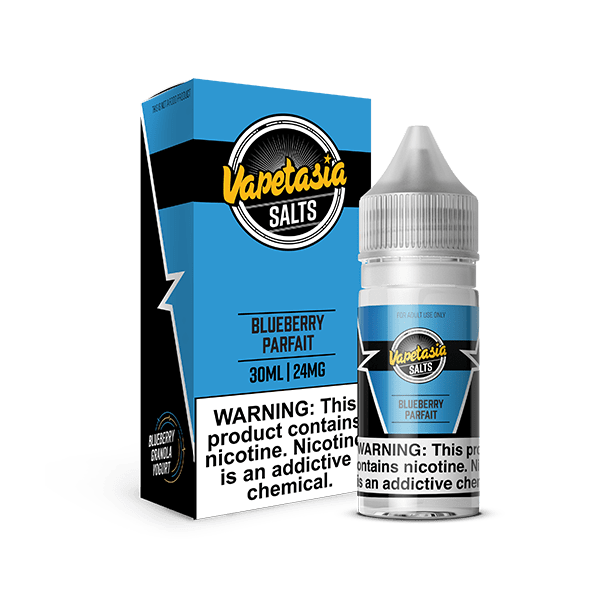 Blueberry Parfait Salt E-liquid by Vapetasia in 30mL bottle, featuring a creamy blueberry dessert flavor for vaping enjoyment.