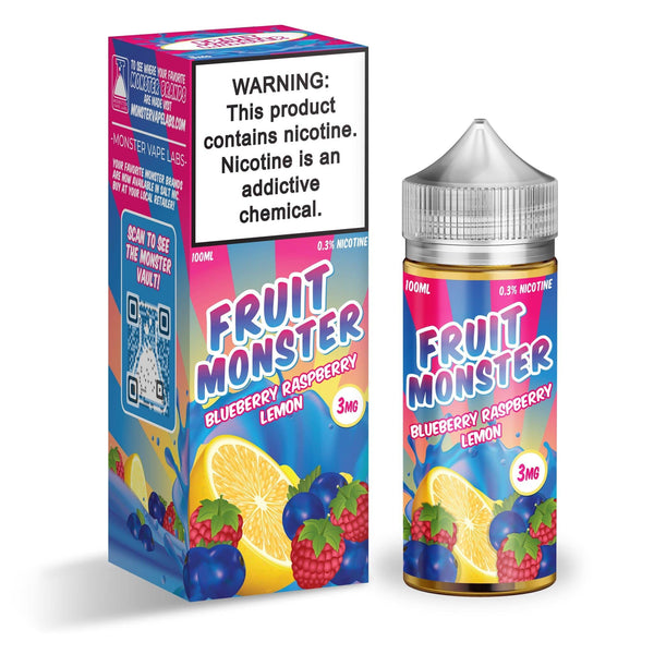 Blueberry raspberry lemon fruit e-liquid by Fruit Monster in a 100mL bottle, showcasing fresh fruit flavors and vibrant packaging.