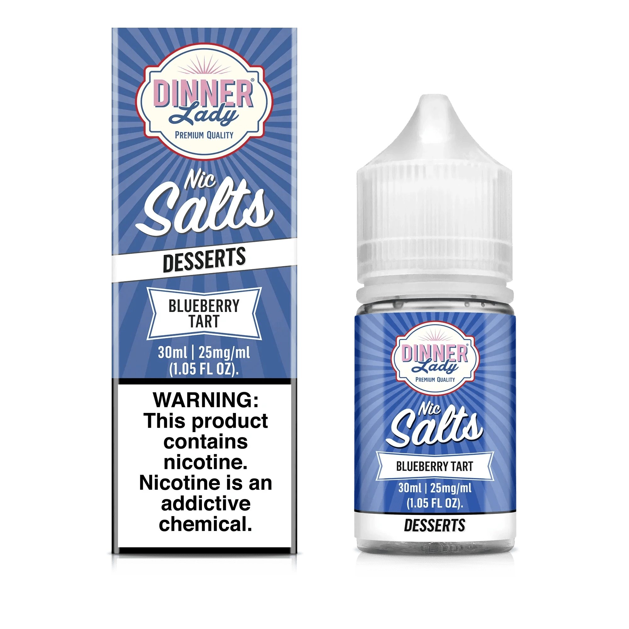 Blueberry tart salt e-liquid by Dinner Lady in a 30mL bottle, featuring a sweet blueberry pastry flavor.
