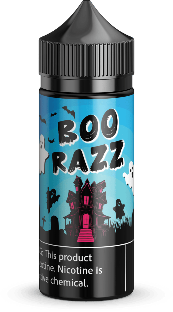 Boo Razz Vapergate & Alt Zero 100mL e-liquid bottle with colorful label, fruity raspberry flavor, and vapor cloud graphics.