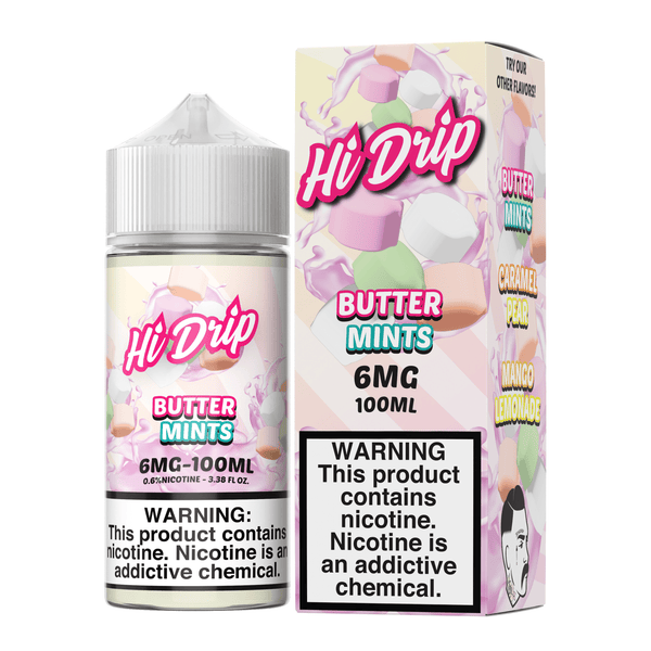 Hi Drip Butter Mints e-liquid bottle, 100mL, with a minty butter flavor and vibrant packaging.