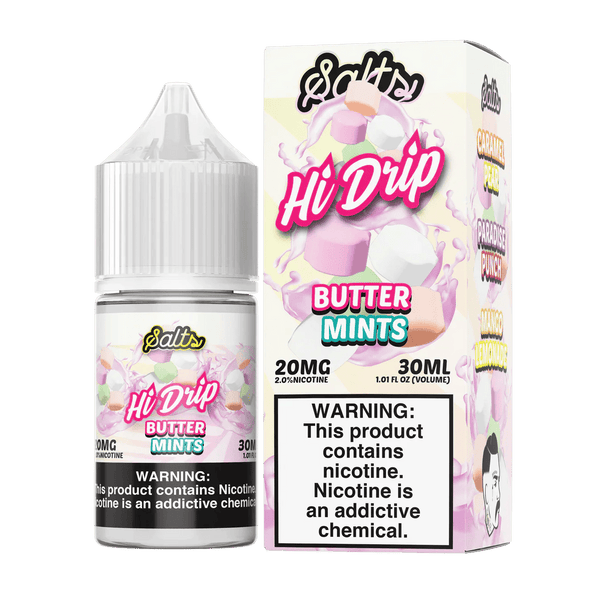 Hi Drip Butter Mints Salt E-liquid 30mL bottle, creamy mint flavor with smooth butter notes for vaping enjoyment.