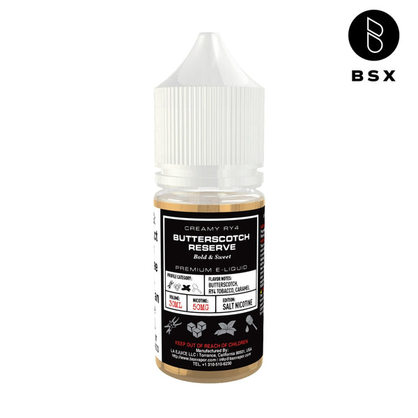 Butterscotch Reserve Salt e-liquid by BSX Vapor in 30mL bottle, featuring rich butterscotch flavor for vaping.
