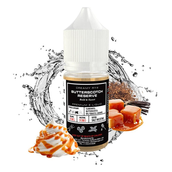 Butterscotch Reserve Salt e-liquid by BSX Vapor in 30mL bottle, featuring rich butterscotch flavor and salt nicotine.