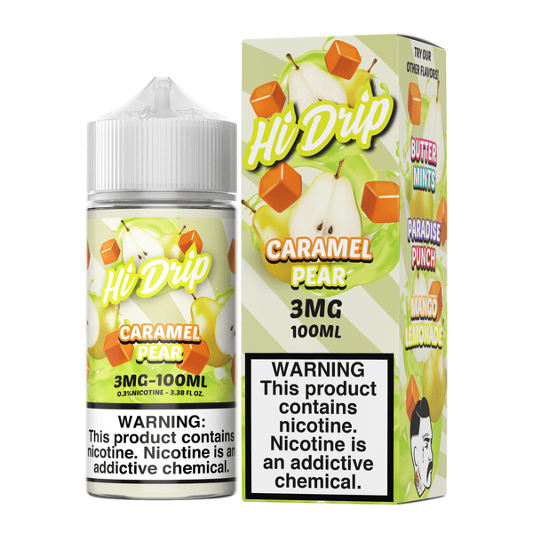 Bottle of Hi Drip Caramel Pear e-liquid, 100mL, featuring a caramel and pear flavor with a colorful label design.