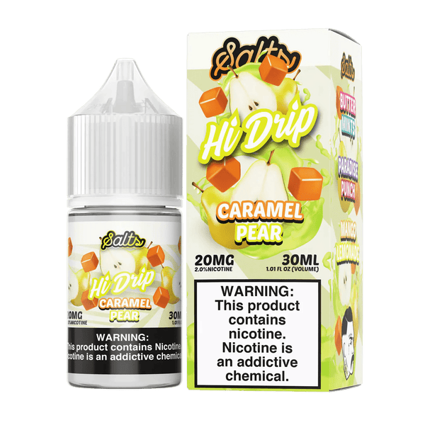 Bottle of Hi Drip Caramel Pear Salt e-liquid in 30mL size, featuring caramel and pear flavor profile.