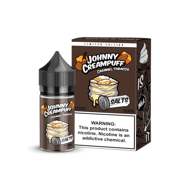 Bottle of Johnny Creampuff Caramel Tobacco SALT e-liquid in 30mL bottle with caramel and tobacco flavor label.