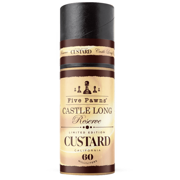 Castle Long Reserve Custard Edition e-liquid by Five Pawns in a 60mL bottle, featuring rich custard flavor with elegant packaging.