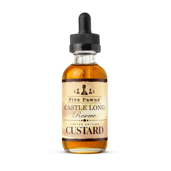 Bottle of Castle Long Reserve Limited Custard Edition Five Pawns e-liquid in 60mL bottle, with detailed label design visible.