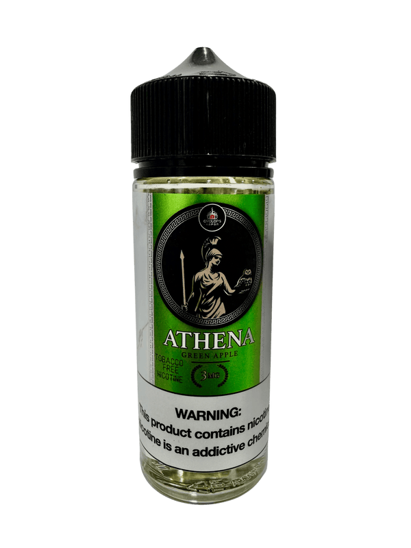 Athena Cyclops Vapor vape juice bottle 120mL with colorful label, featuring a cyclops character and vibrant design.