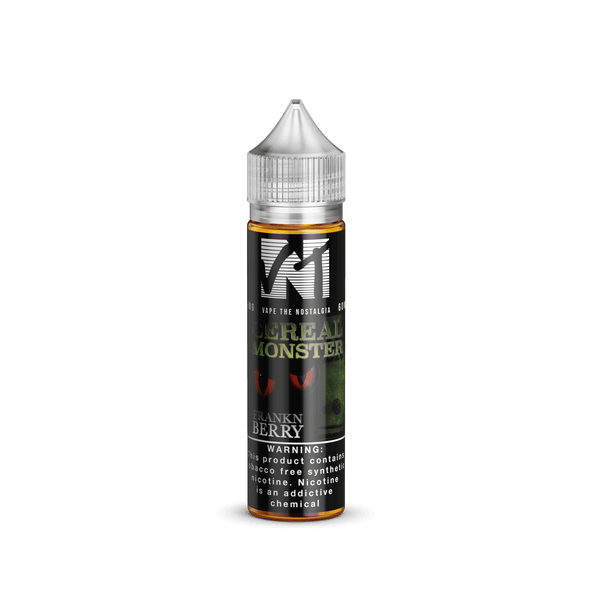 E-liquid bottle of Cereal Monster Franken Berry vape flavor by Vape The Nostalgia, 60mL, featuring colorful cereal and berry design.