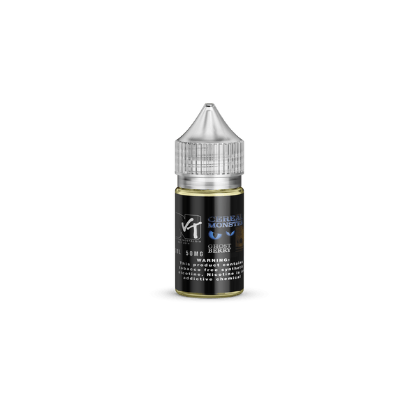 Vape The Nostalgia Cereal Monster Ghost Berry Salt e-liquid 30mL bottle with colorful label featuring cereal and ghost berry theme