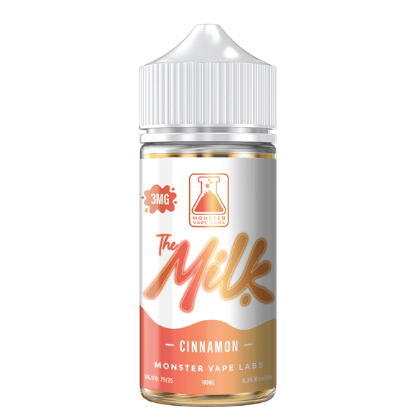 Bottle of Cinnamon The Milk E-Liquid 100mL, featuring cinnamon flavor with a clear plastic bottle and label design.