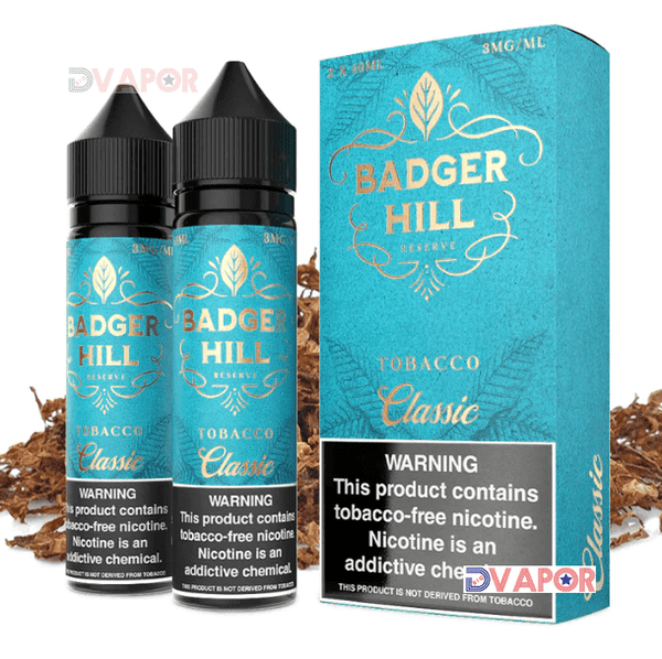 E-liquid bottle of Classic Badger Hill Reserve by Verdict Vapors, 120ml, with label showing the product and brand name.