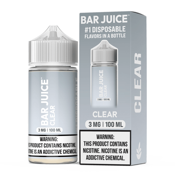Clear Bar Juice 100mL e-liquid bottle, transparent packaging, featuring the Bar Juice brand label and product information.