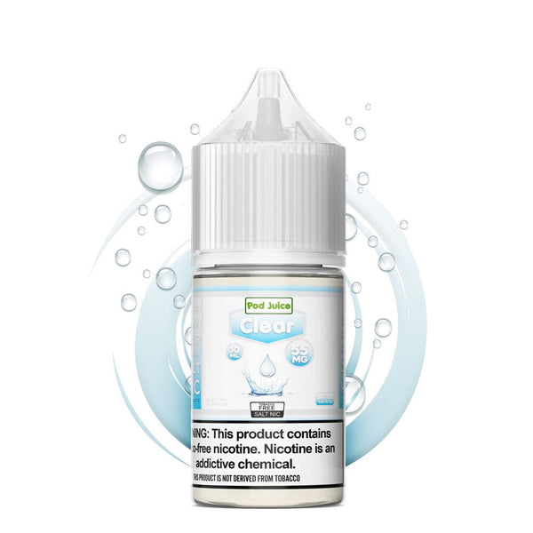 Clear SALT Pod Juice e-liquid bottle, 30mL, with transparent packaging and label featuring the Pod Juice brand.