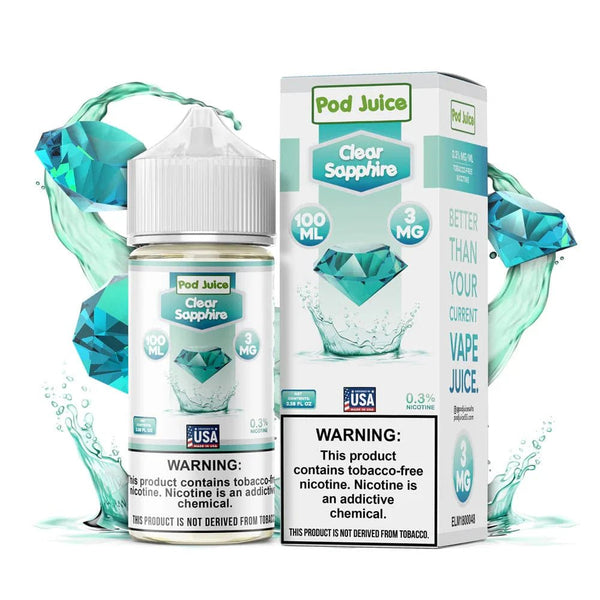 Clear Sapphire Pod Juice e-liquid in a 100mL bottle, featuring a transparent label and sleek design.