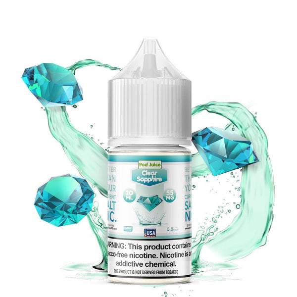 Clear Sapphire SALT e-liquid by Pod Juice in a 30mL bottle, featuring a transparent design with vibrant blue accents.