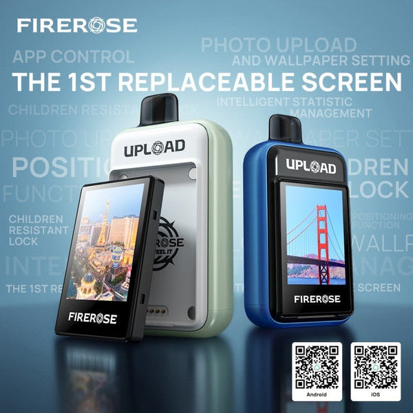 Firerose FireRose UPLOAD disposable vape kit with replaceable color screen, compact design, and sleek modern look.