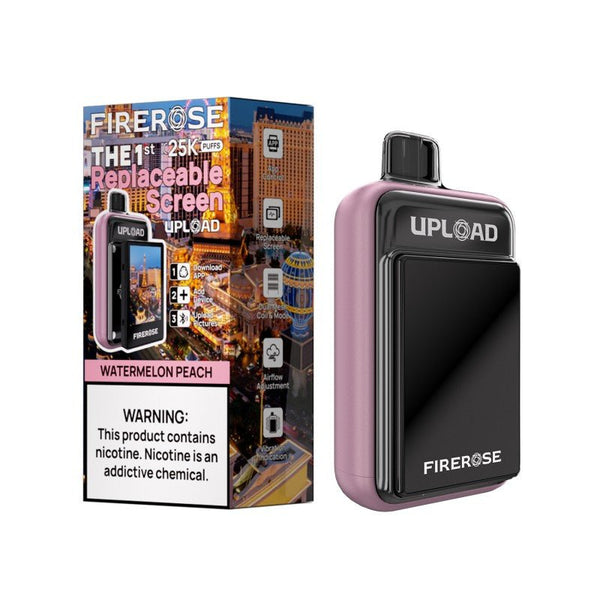 Firerose UPLOAD disposable vape kit with replaceable color screen, compact design, and sleek black finish.