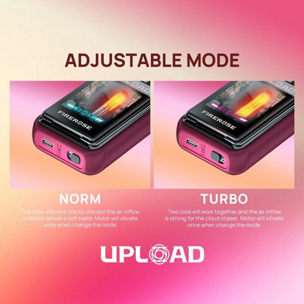 Firerose UPLOAD vape kit with colorful screen, disposable vape device featuring replaceable screen and sleek design.