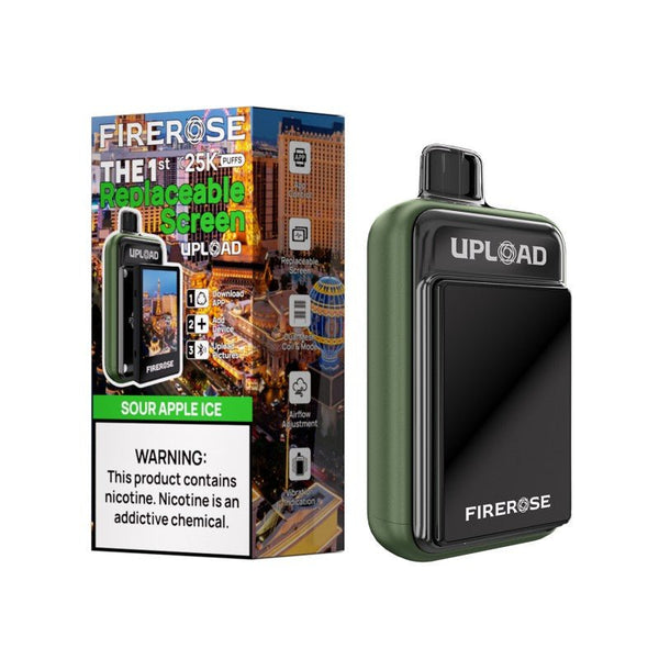 Firerose UPLOAD vape kit with replaceable color screen, disposable vape device with sleek design and vibrant display.