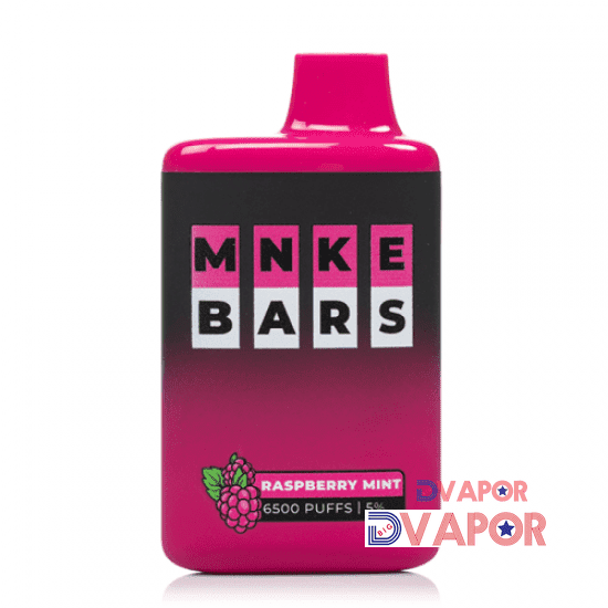MNKE Bars disposable vape with 16ml e-liquid, 6500 puffs, rechargeable, black design, and clear labeling.