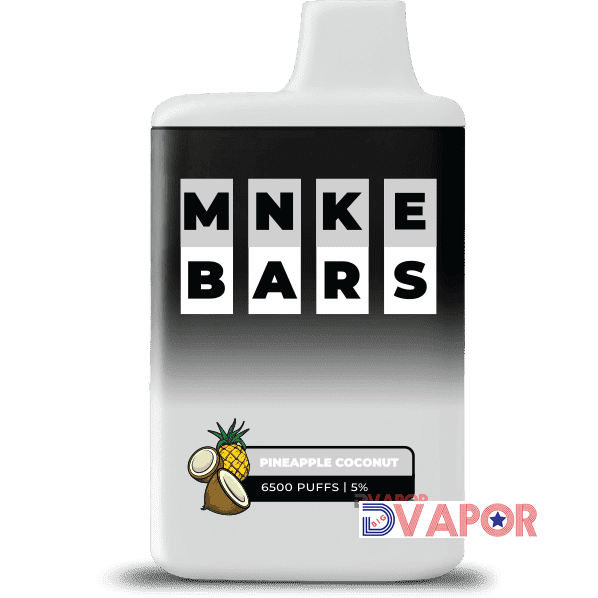 MNKE Bars disposable vape with 16ml e-liquid, 6500 puffs, rechargeable, black device with colorful design elements.