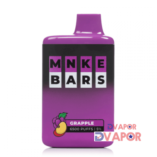 MNKE Bars disposable vape with 16ml e-liquid, 6500 puffs, rechargeable, black cylindrical device with branding.