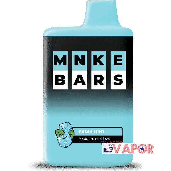 MNKE Bars disposable vape with 16ml e-liquid, 6500 puffs, rechargeable, black device with brand logo and vapor mouthpiece.