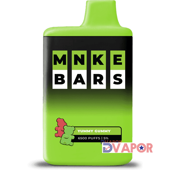 MNKE Bars disposable vape with 16ml e-liquid, 6500 puffs, rechargeable, black cylindrical design, non-refundable clearance item